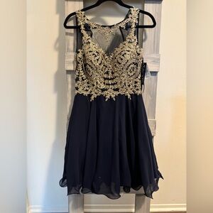 XSCAPE Navy Blue and Gold Dress